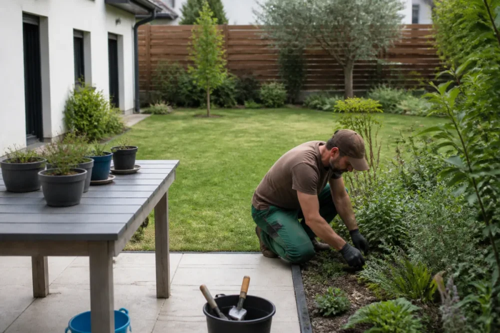 jardinier à domicile entretenant une terrasse et des massifs dans un jardin familial