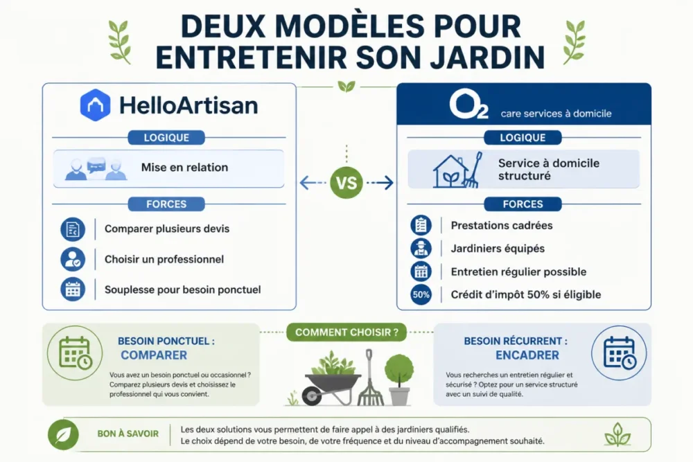 schéma comparatif des modèles HelloArtisan et O2 pour l’entretien de jardin