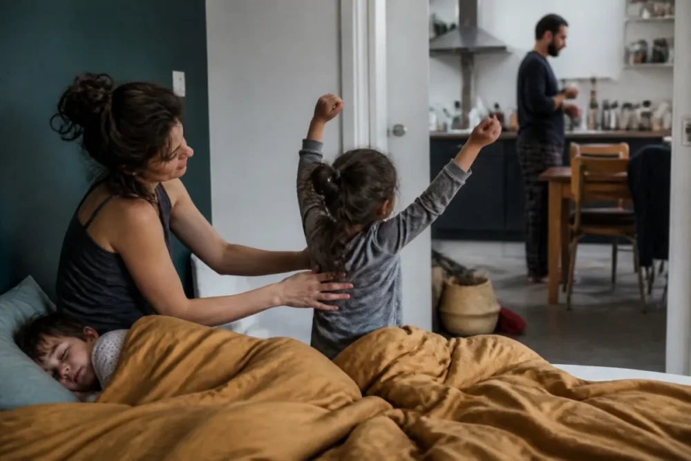 scène réaliste de réveil familial illustrant les besoins de sommeil selon l’âge