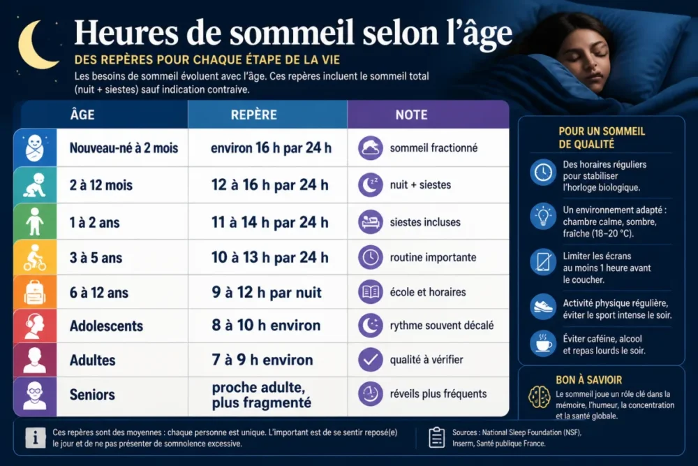 infographie des heures de sommeil par âge avec repères pour enfant adolescent adulte et senior