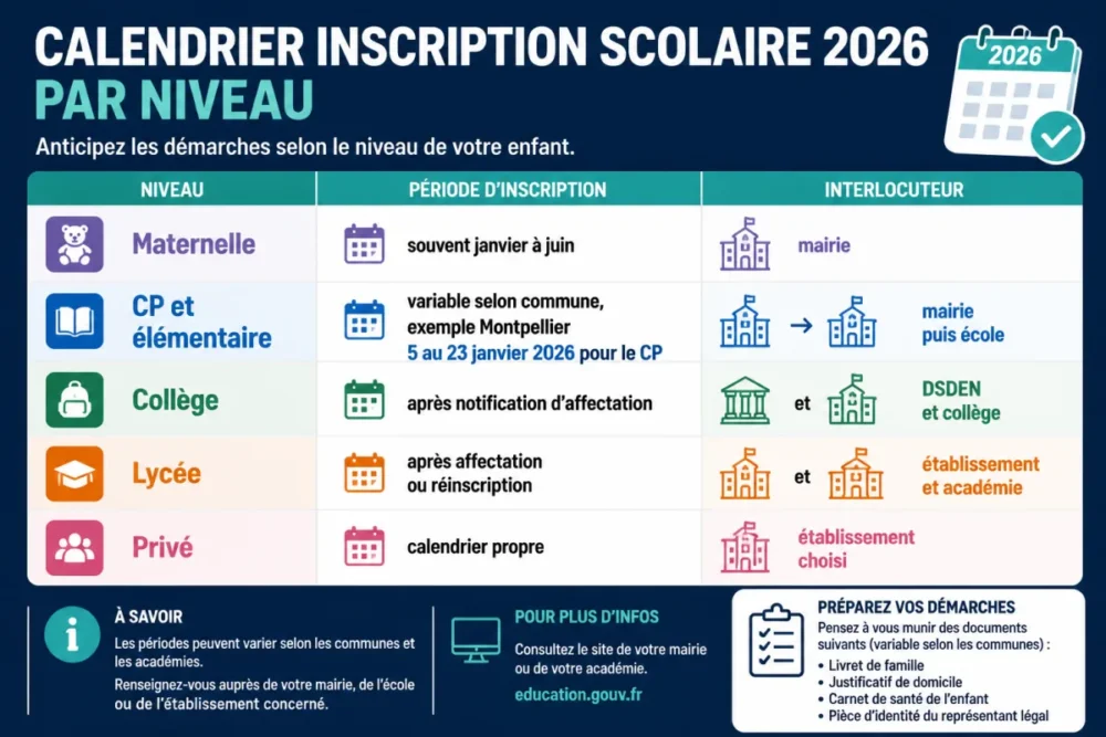 Infographie du calendrier inscription scolaire 2026 par niveau