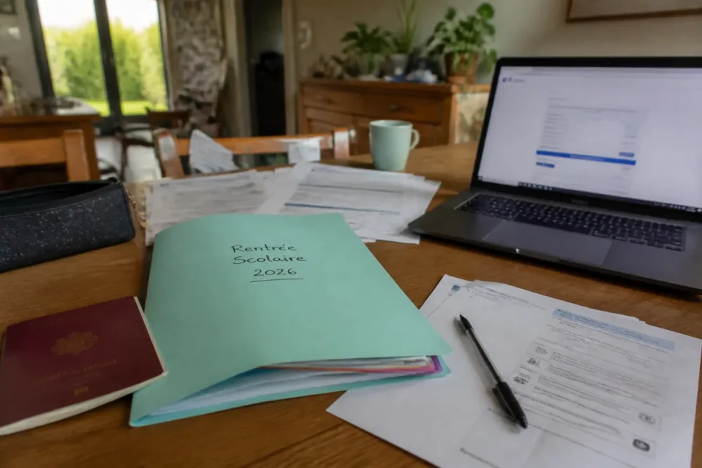 Dossier d’inscription scolaire 2026 avec pièces justificatives sur une table familiale