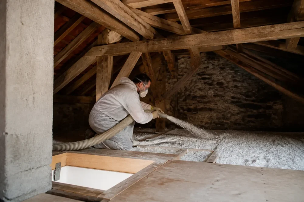 Photo réaliste d’un chantier d’isolation par soufflage dans des combles perdus