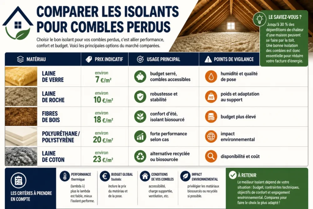 Infographie comparative des matériaux pour isolation combles perdus