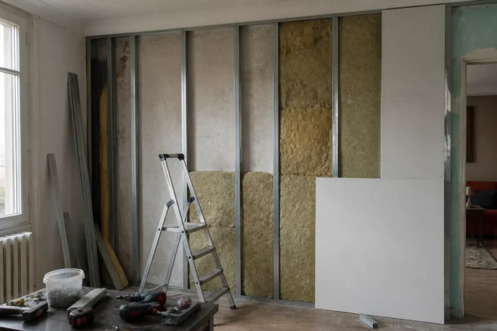 Pièce en rénovation avec isolation intérieure des murs et ossature métallique