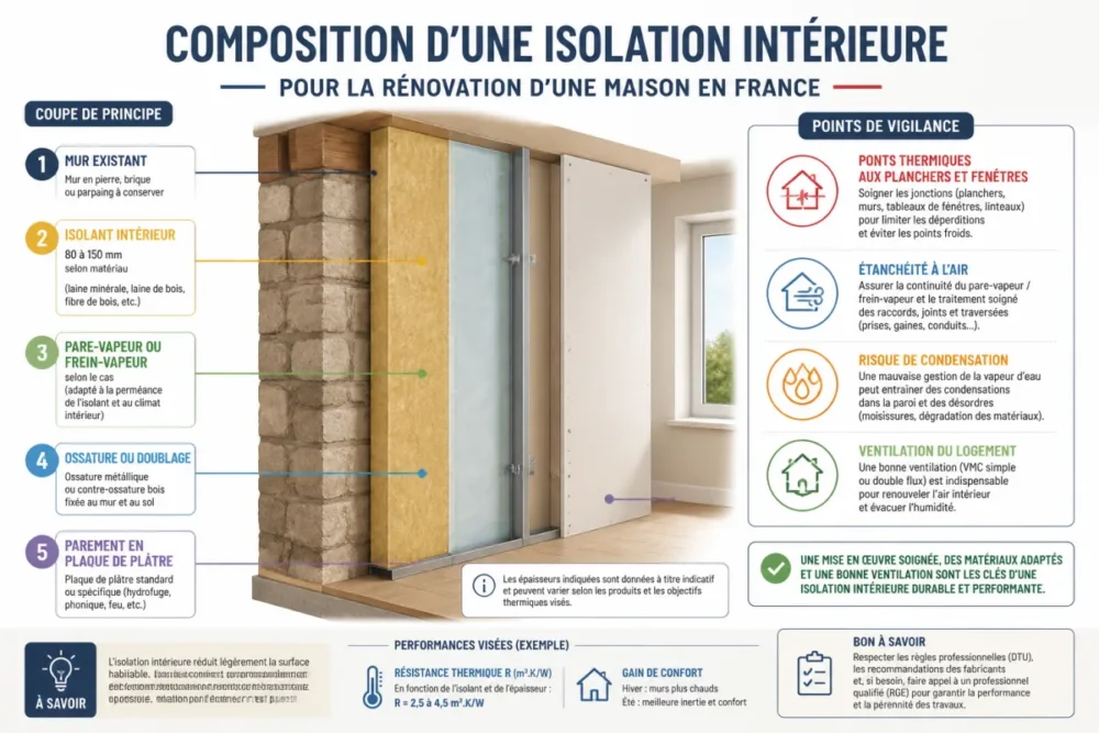 Schéma d’une paroi avec isolant intérieur, pare-vapeur et ponts thermiques