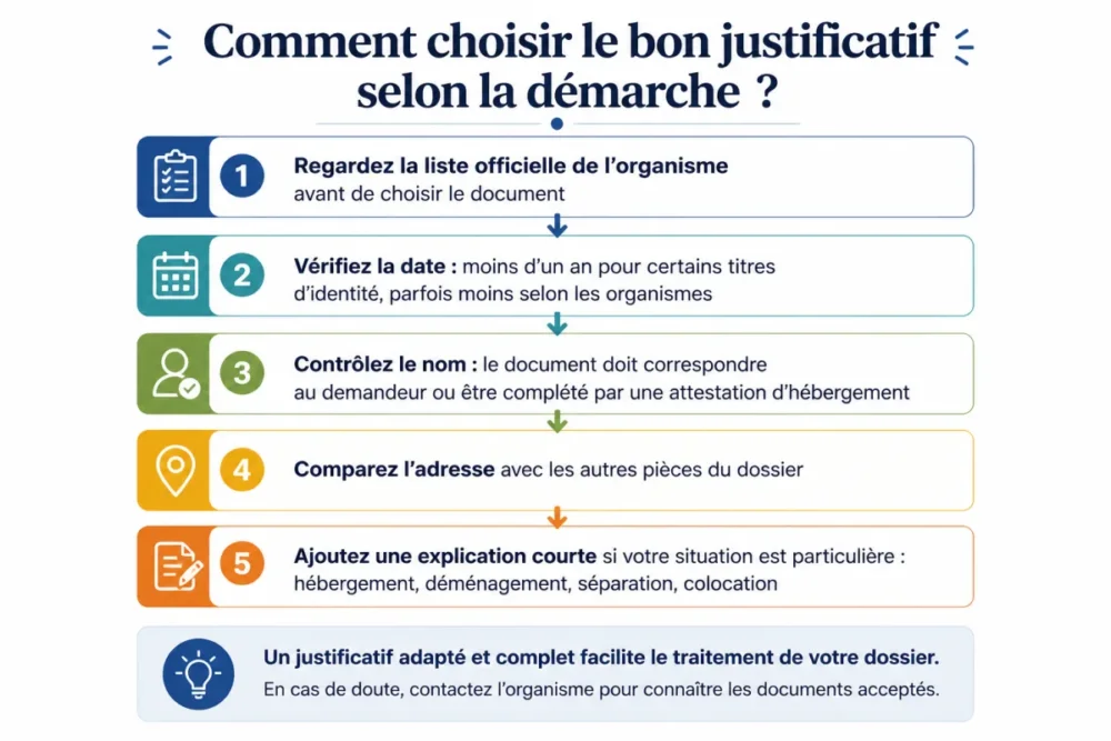 Flowchart en français pour choisir un justificatif de domicile sans facture selon l’organisme et la situation