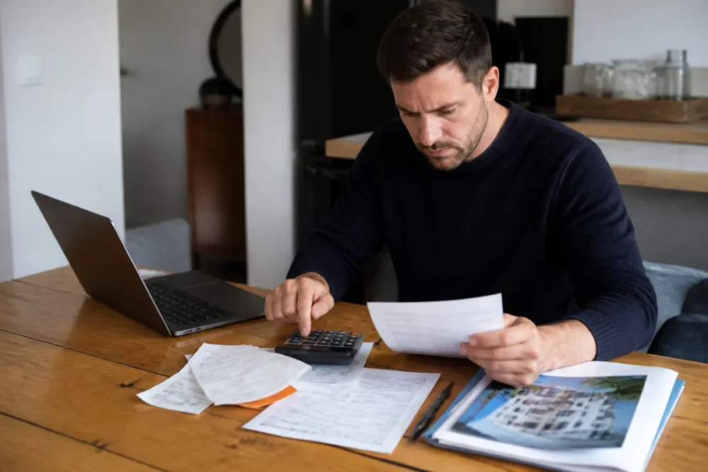 Bailleur analysant la rentabilité LMNP au réel avec factures et ordinateur