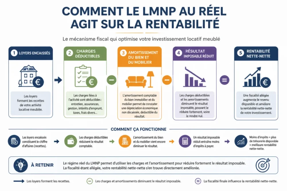 Schéma du mécanisme fiscal du LMNP au réel rentable avec charges et amortissement