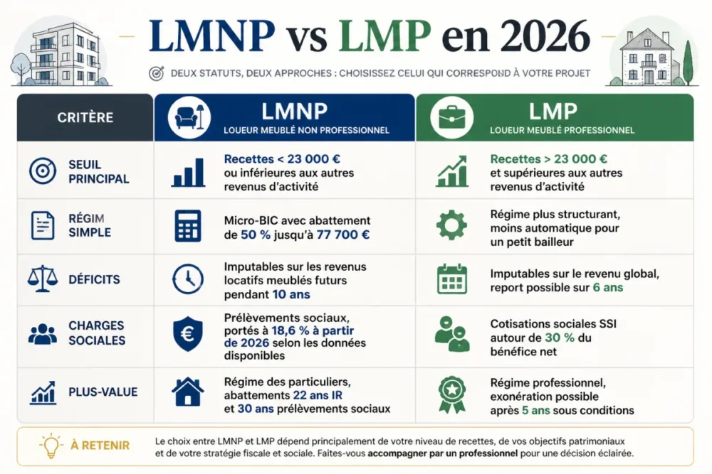 Schéma comparatif LMNP ou LMP 2026 avec seuils, déficits, cotisations sociales et plus-value