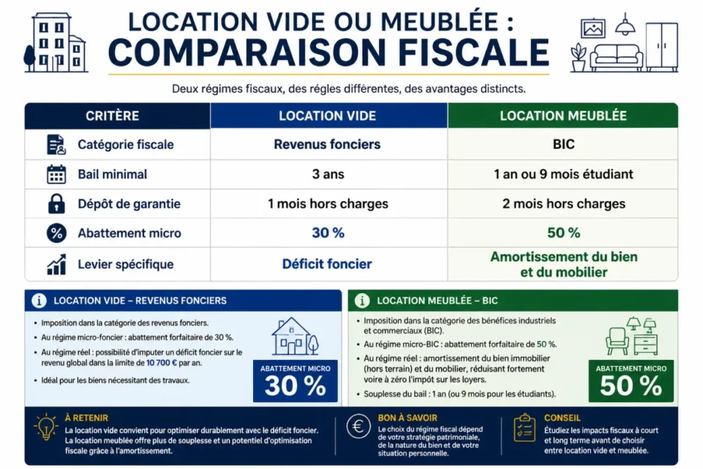 Infographie comparant location vide et location meublée selon la fiscalité du bailleur
