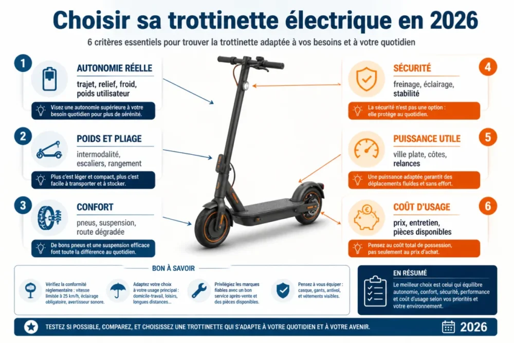 Schéma des critères pour choisir la meilleure trottinette électrique selon son usage