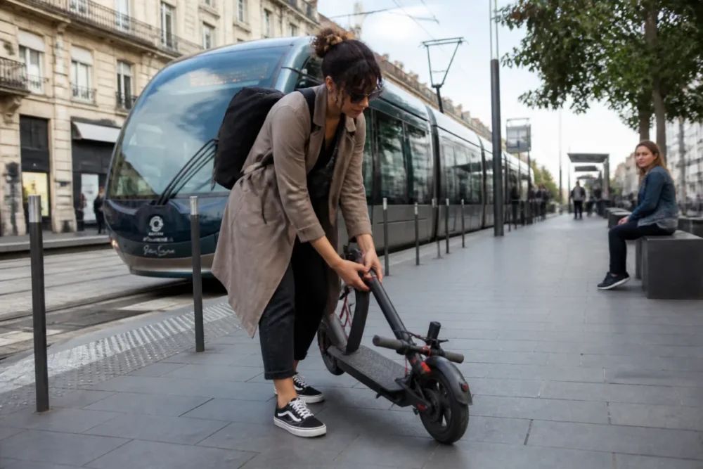 Photo réaliste d’une trottinette électrique légère utilisée pour un trajet urbain quotidien