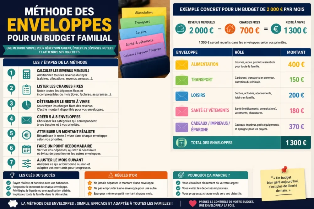 Diagram in French of the steps to create family budget envelopes