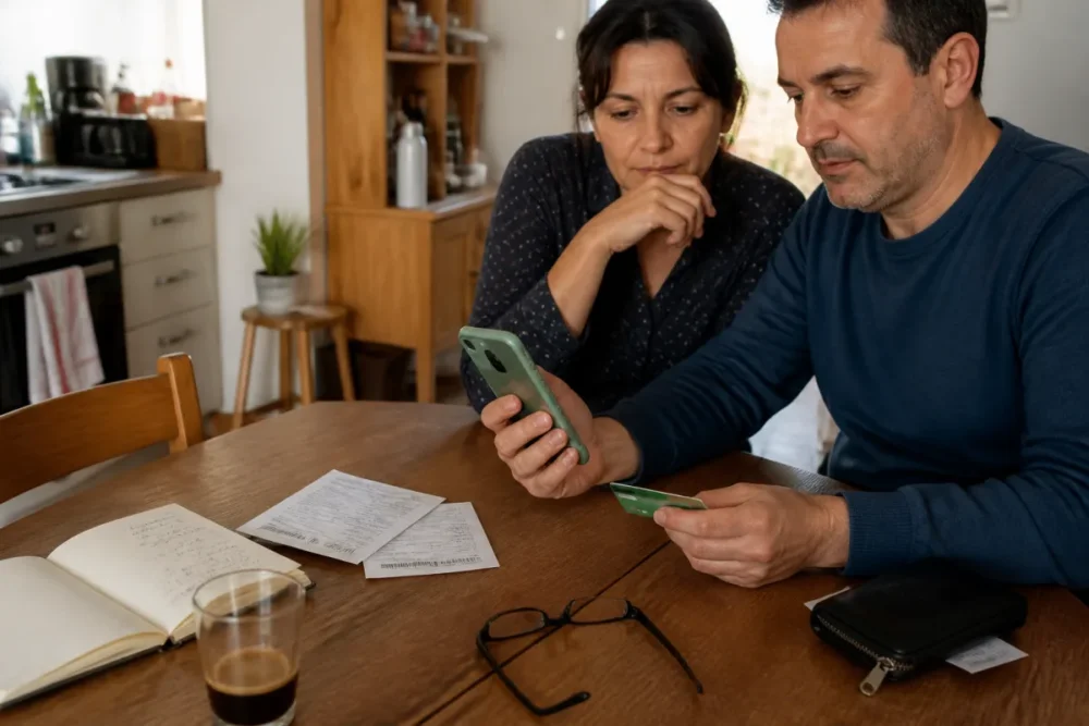 Digital tracking of family budget with bank card and budget app