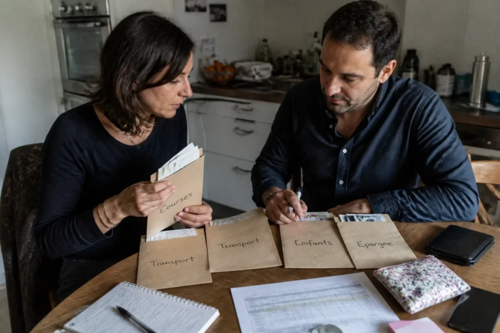 Budget envelopes to organize a family budget on a kitchen table