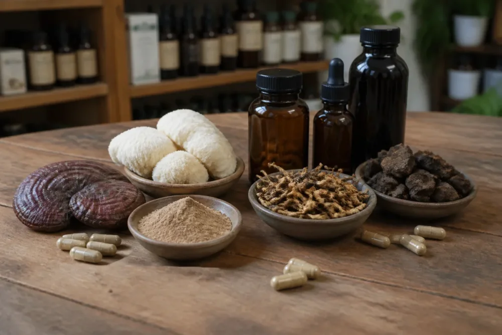 compléments de mycothérapie avec gélules et champignons médicinaux sur une table