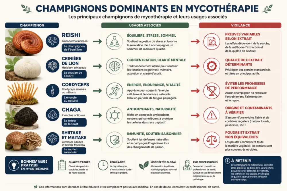 schéma des champignons médicinaux les plus utilisés en mycothérapie et de leurs usages associés