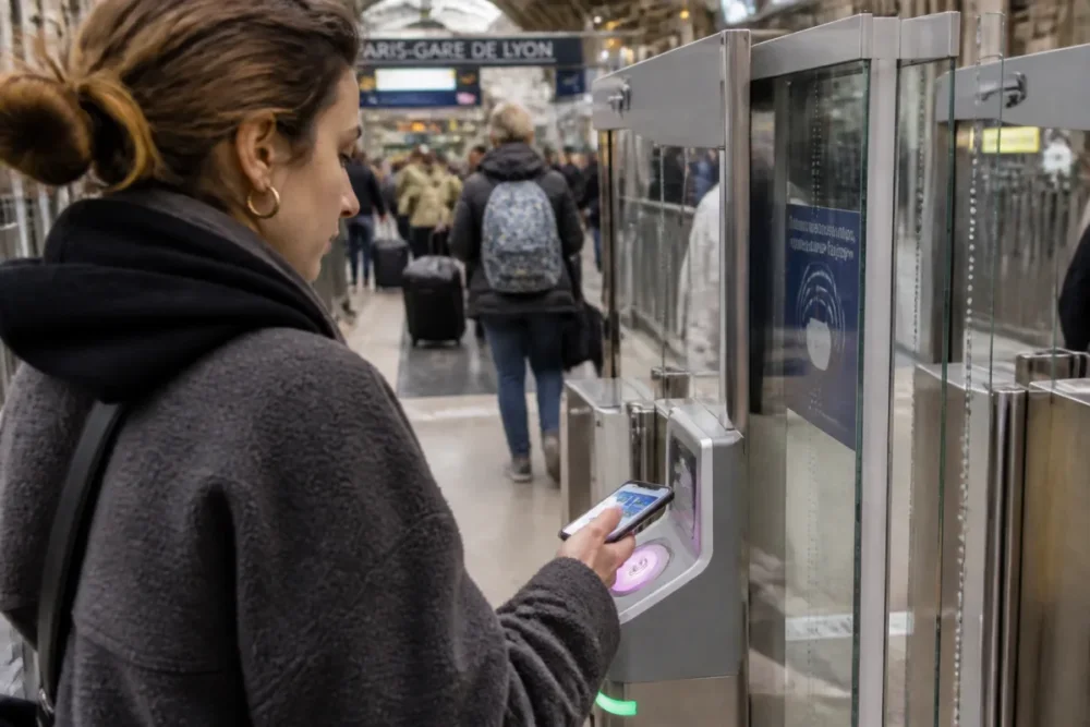 Usager validant son passe Navigo Liberté+ dans une gare parisienne
