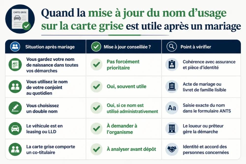 Infographie sur le nom d’usage sur la carte grise après mariage : dans quels cas la mise à jour est utile