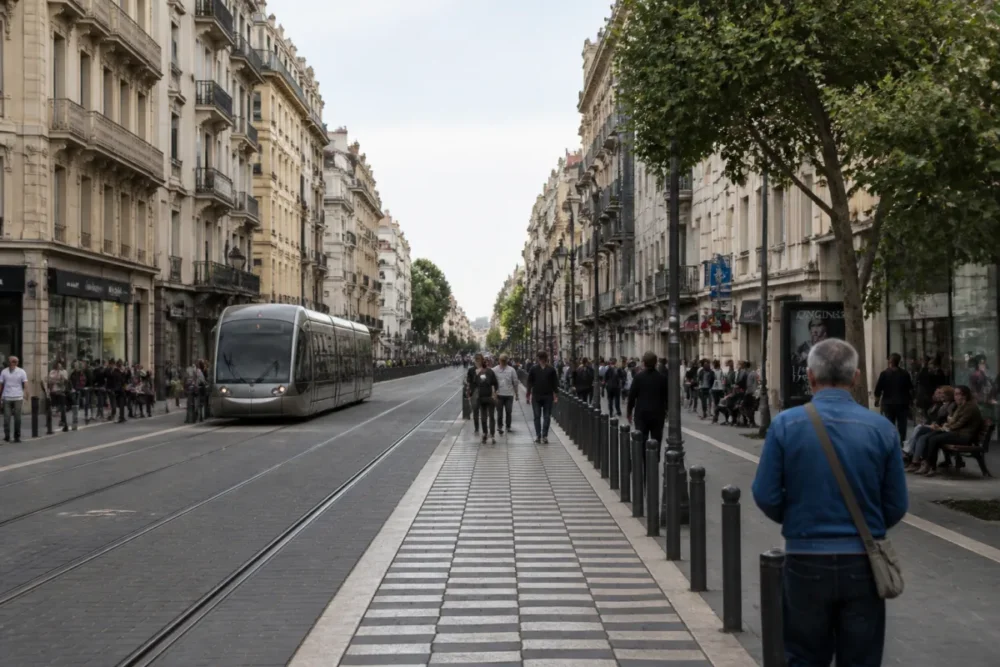 Avenue Jean Médecin à Nice avec tramway et commerces pour comprendre où vivre à Nice