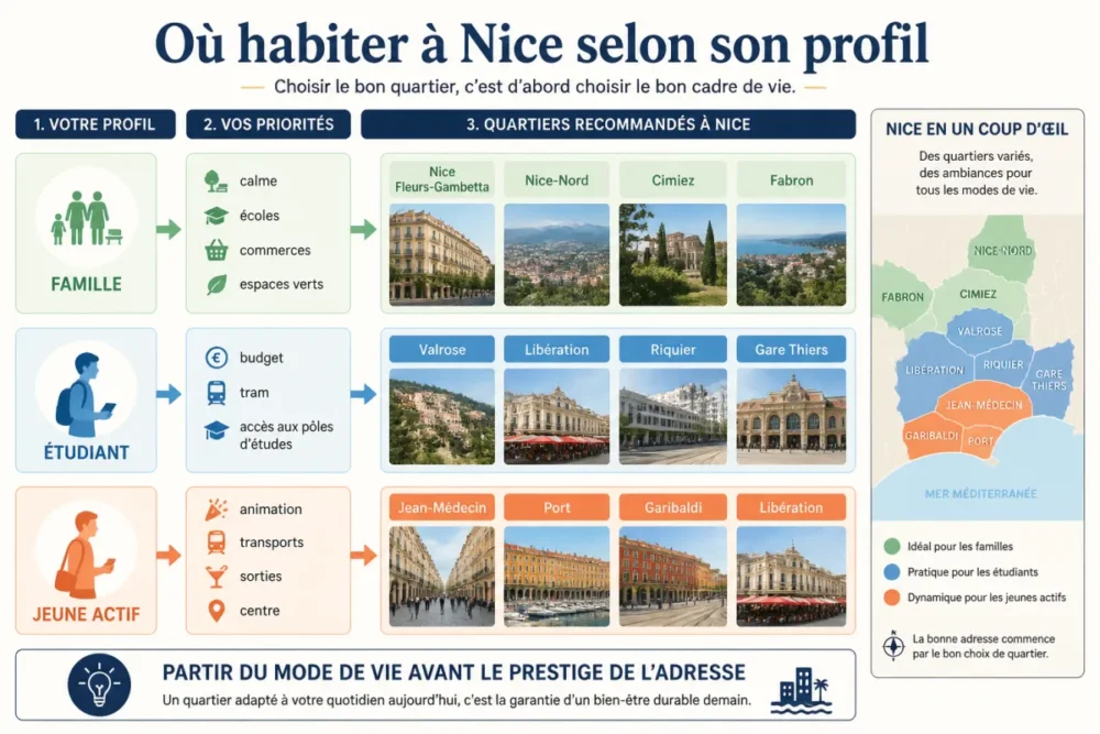 Schéma pour choisir où habiter à Nice selon famille étudiant ou jeune actif