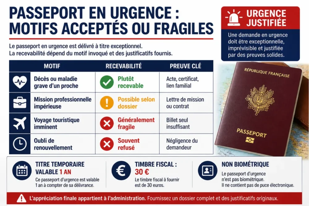 Infographie en français sur les motifs acceptés et refusés pour un passeport en urgence