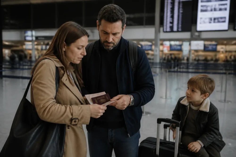 Voyageurs vérifiant leurs documents avant un départ avec risque de passeport en urgence refusé