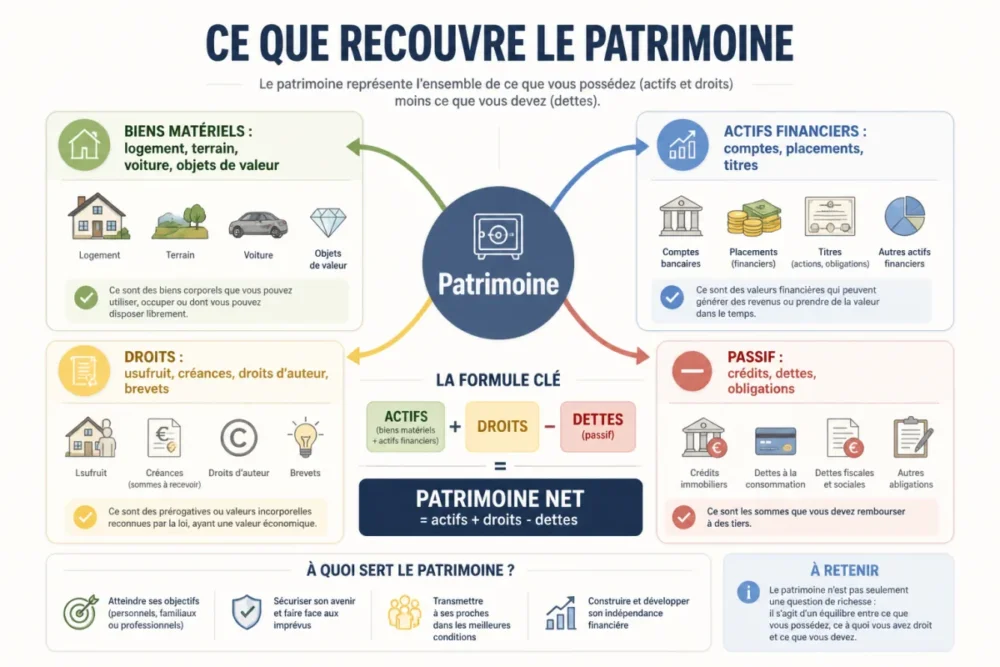 Schéma pédagogique sur ce que comprend le patrimoine personnel avec biens droits et dettes