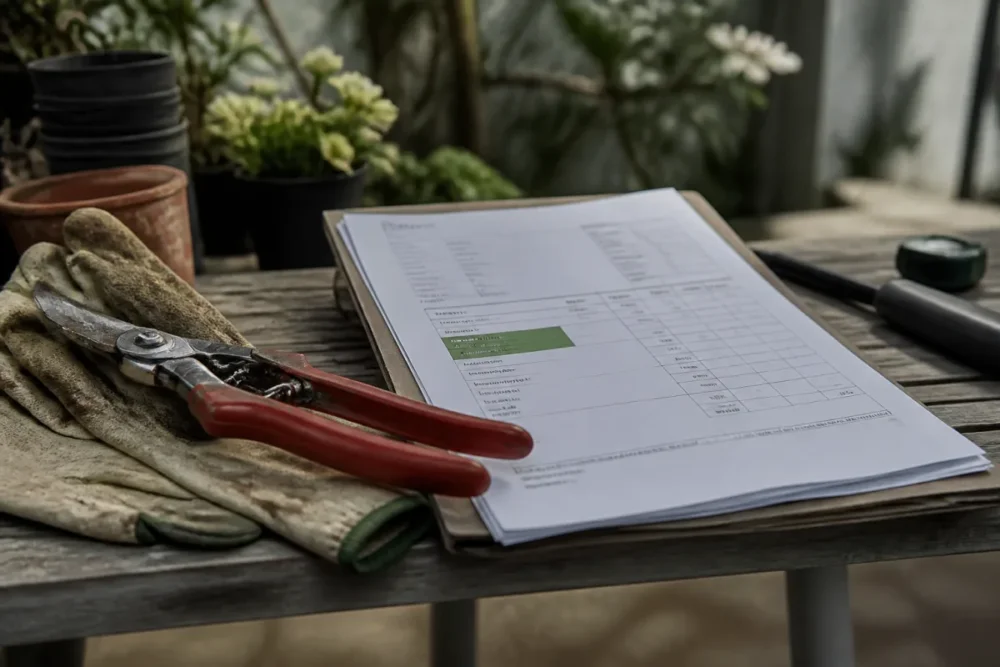 facture de prestataire jardinage avec outils posés sur une table de jardin