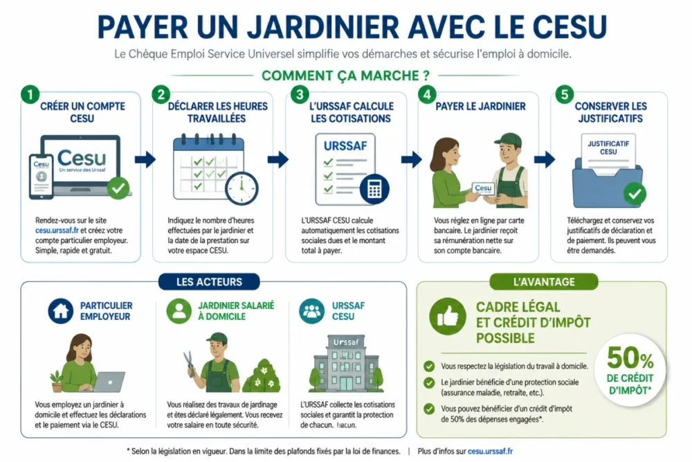 schéma du fonctionnement du CESU pour payer un jardinier occasionnel légalement
