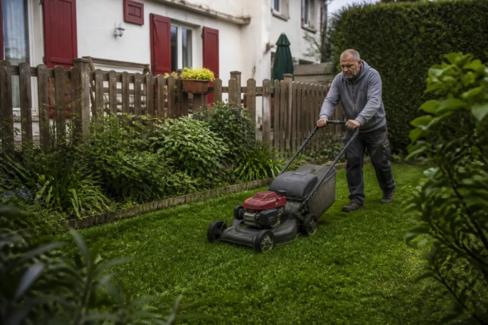jardinier à domicile réalisant une tonte ponctuelle dans un jardin particulier