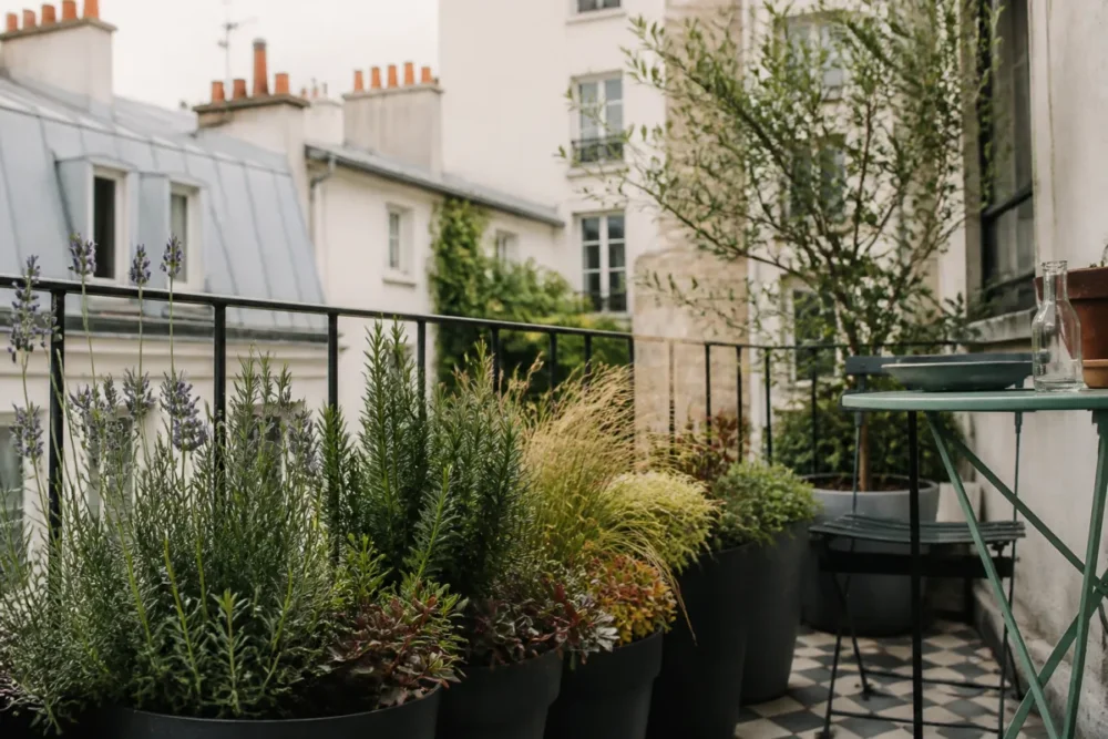 Balcon avec pots de lavande naine romarin compact graminées et sedums résistants au soleil