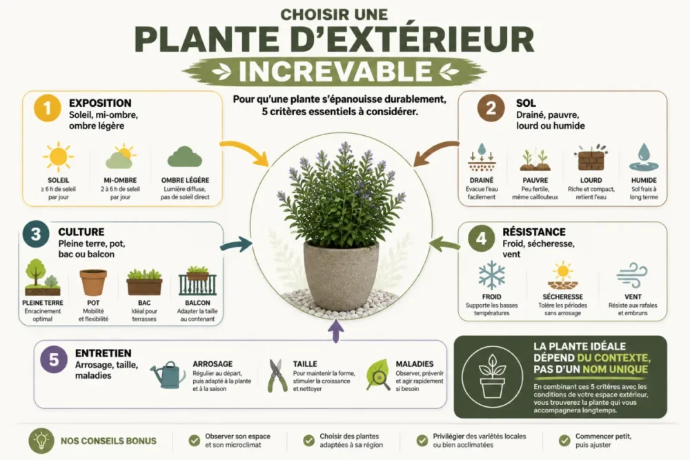Schéma des critères pour choisir une plante d’extérieur increvable selon exposition, sol et entretien