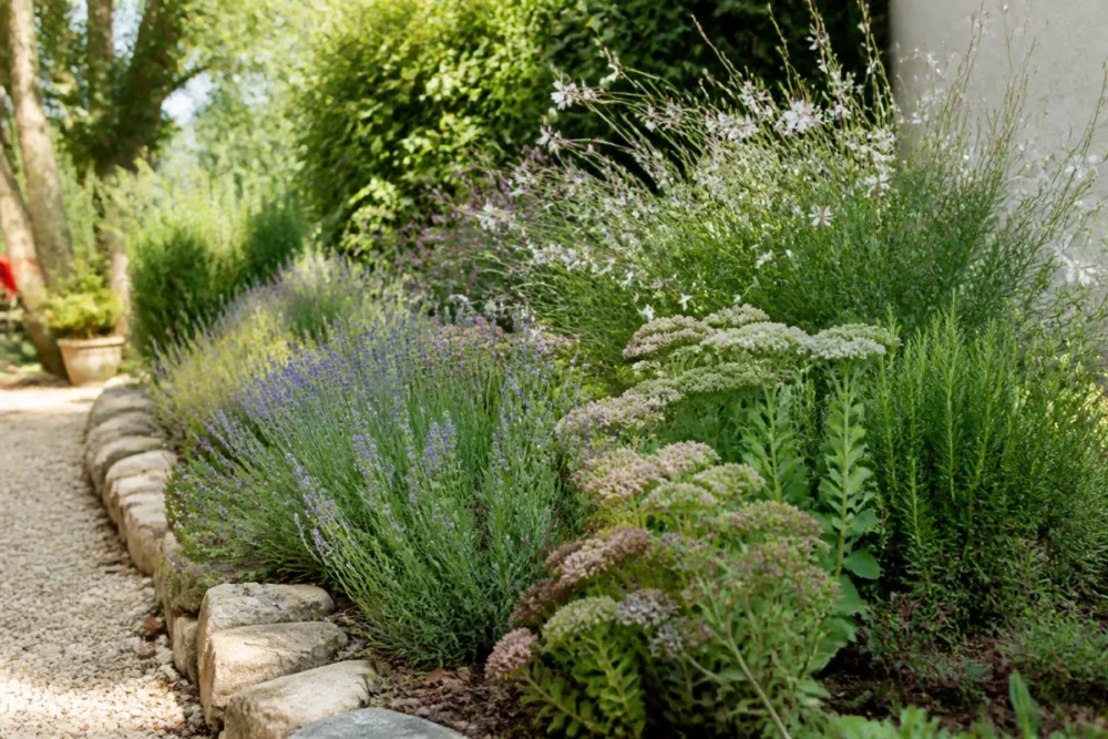 Massif ensoleillé avec lavande romarin sedum et gaura comme plantes d’extérieur faciles d’entretien