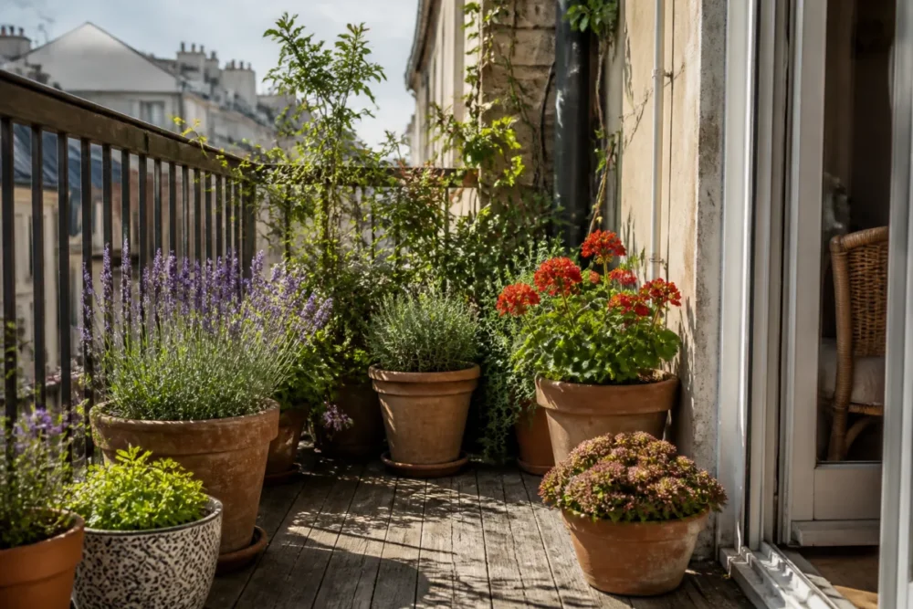 Balcon plein sud avec plantes résistantes à la chaleur en pots