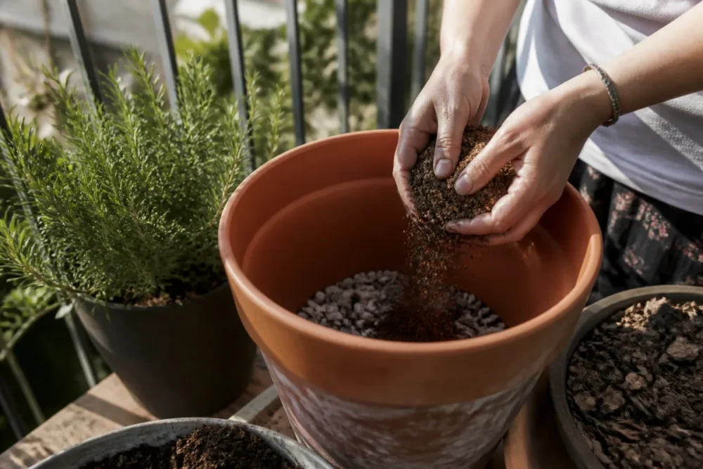 Rempotage de plantes méditerranéennes en pot avec drainage pour balcon plein sud
