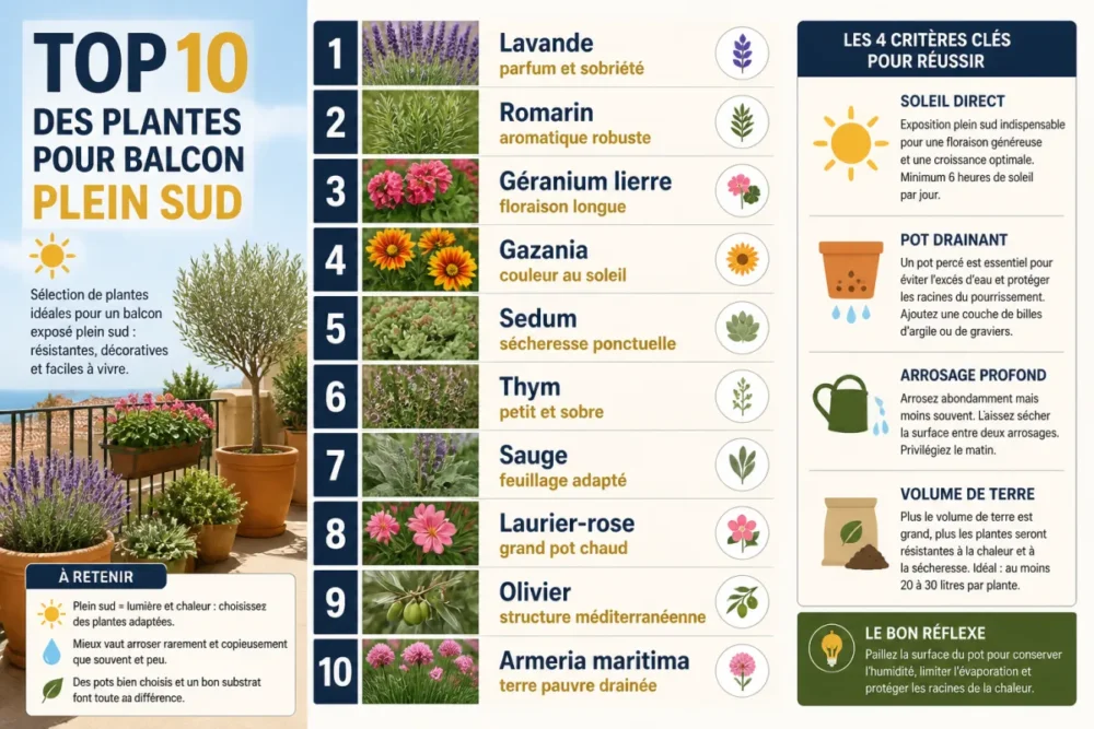 Infographie des meilleures plantes plein soleil pour balcon exposé sud