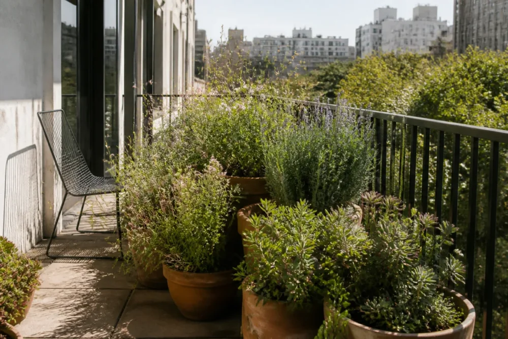 Balcon ensoleillé avec lavande sedum et gaura plantes résistantes sécheresse
