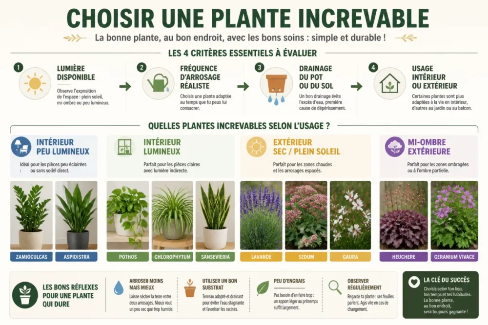 Schéma de choix pour plantes increvables selon lumière arrosage et usage