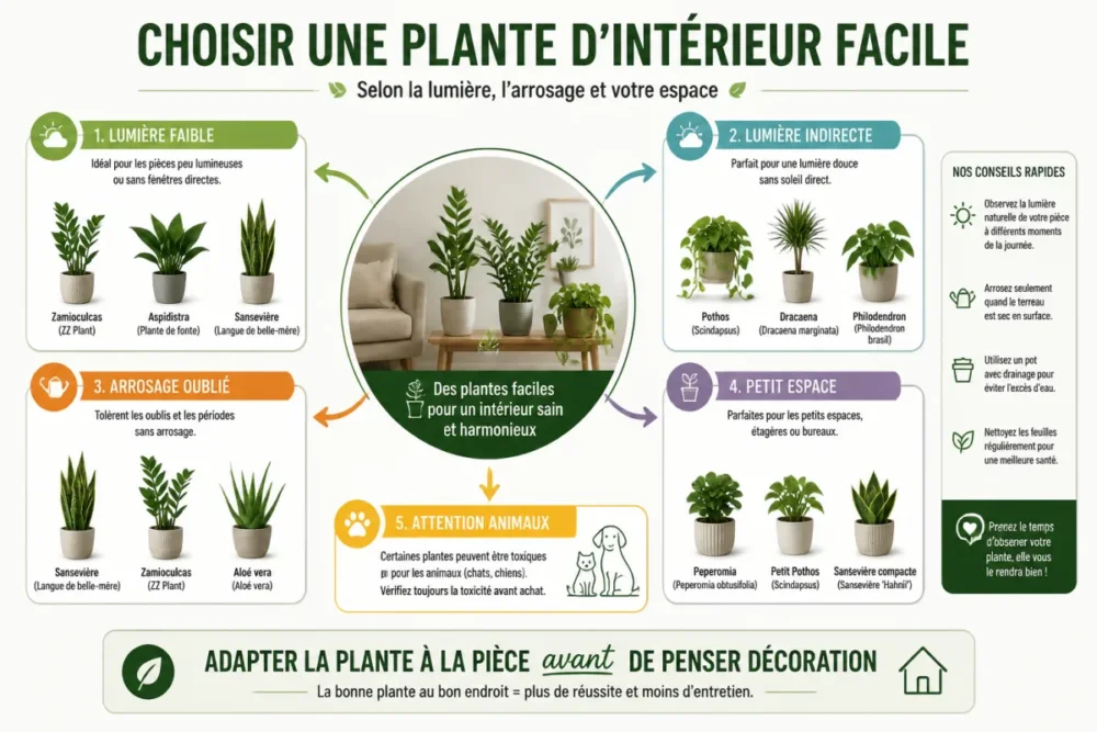 Schéma de choix des plantes d'intérieur faciles selon lumière et arrosage