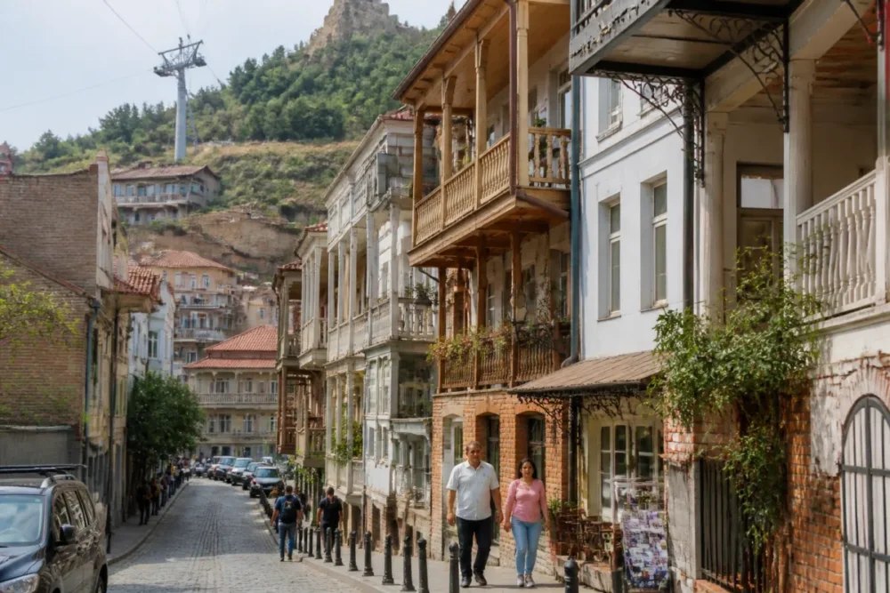 Rue ancienne de Tbilissi avec balcons et collines, destination moins attendue parmi les belles villes du monde