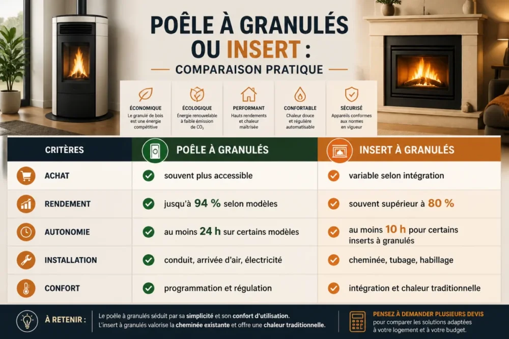 infographie comparative du coût, rendement et confort entre poêle à granulés ou insert