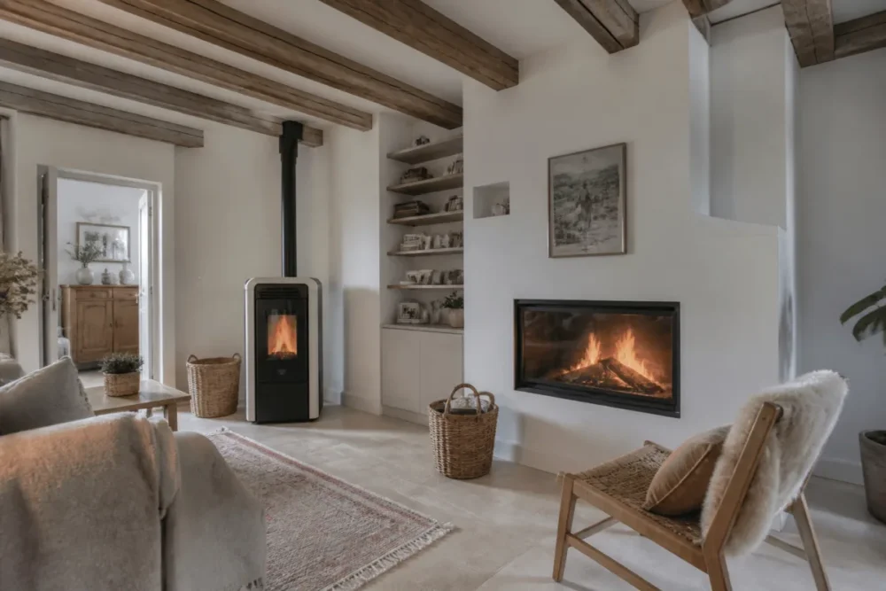 poêle à granulés et insert dans un salon rénové avec chauffage au bois