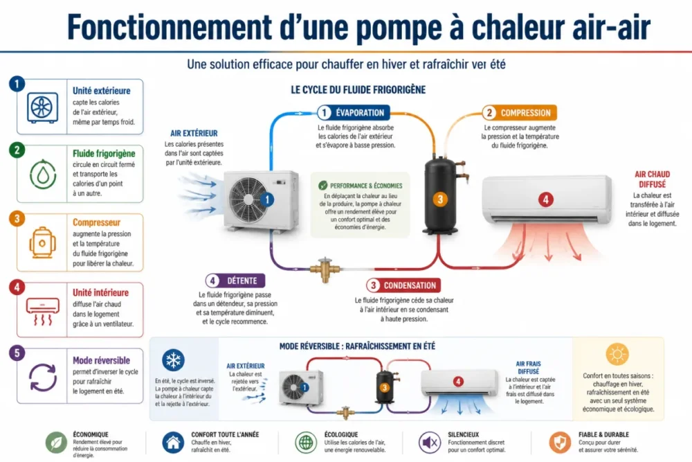 Schéma du fonctionnement d’une pompe à chaleur air-air avec cycle thermodynamique