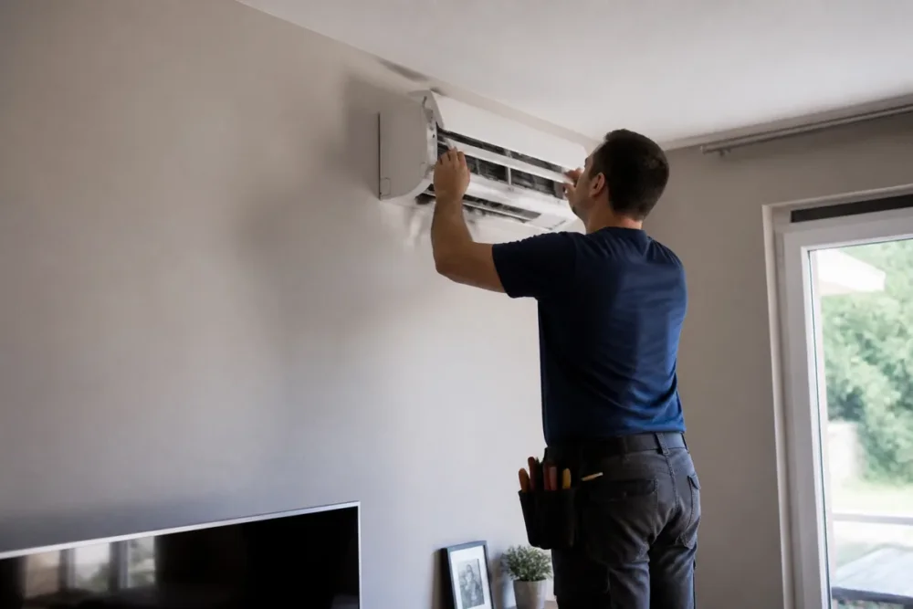 Technicien installant une pompe à chaleur air-air dans une pièce de vie