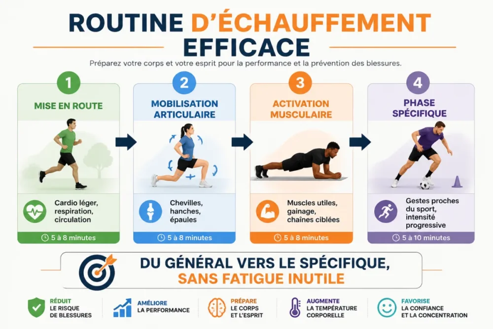 schéma d'une routine d'échauffement avant entraînement en quatre étapes