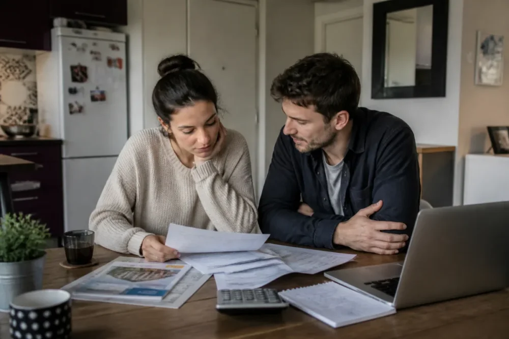 Couple préparant un dossier bancaire pour un prêt immobilier primo-accédant