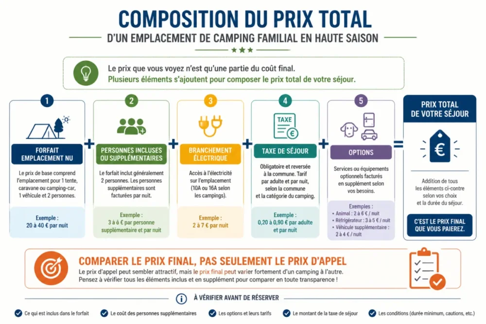 Schéma du prix total d’un emplacement de camping familial en haute saison