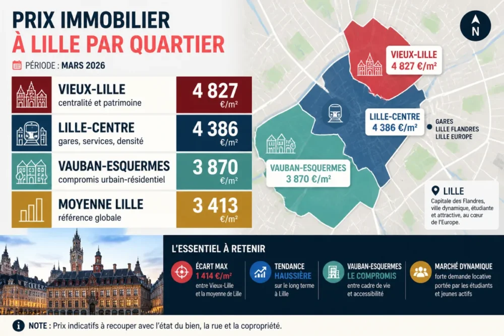 Infographie des prix immobilier Lille par quartier pour comparer les budgets